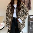 Faux Leather Panel Leopard Print Fleece Jacket Leopard - Brown & Beige - One Size