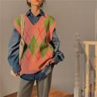 Argyle Knit Vest Vest - Green & Pink - One Size