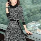 3/4-sleeve Floral A-line Knitted Midi Dress