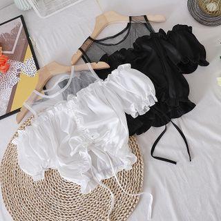 Off-shoulder Mesh Panel Chiffon Drawstring Short-sleeve Top