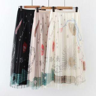 Print Mesh Accordion Pleat Midi A-line Skirt