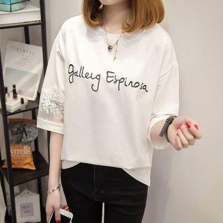 Letter Lace Panel 3/4-sleeve Top