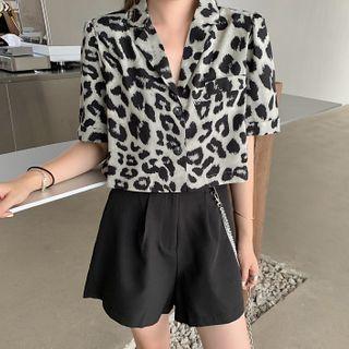 Leopard Print Short-sleeve Blouse / High-waist Shorts / Waist Chain / Set