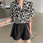 Leopard Print Short-sleeve Blouse / High-waist Shorts / Waist Chain / Set
