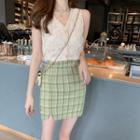 Short-sleeve Lace Top / Sleeveless Lace Top / Plaid A-line Mini Skirt