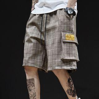 Plaid Drawstring Cargo Shorts