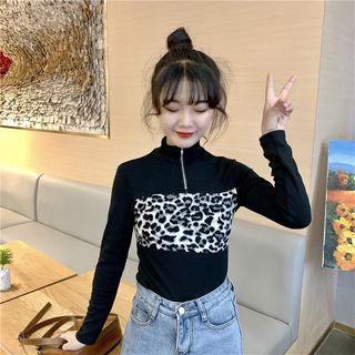 Leopard Mock-neck Long-sleeve Slim-fit Top