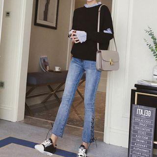 Set: Mock Two-piece Stripe Panel Pullover + Lace-up Skinny Jeans