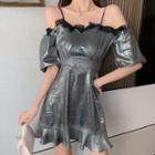 Cold-shoulder Plaid Lace Trim A-line Dress