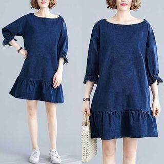 Bell-sleeve Ruffle Hem Mini Denim Dress