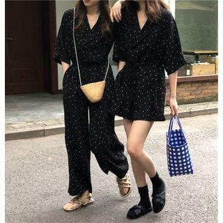 3/4-sleeve Polka Dot Wide-leg Playsuit / Jumpsuit