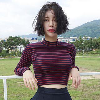 Long-sleeve Striped Mock Neck Cropped T-shirt