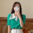 Short-sleeve Two-tone Collared Knit Top Green - One Size