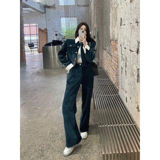 Corduroy Cropped Jacket / High Waist Wide Leg Pants