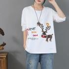 Long-sleeve Deer Embroidered Ripped T-shirt