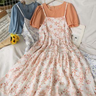 Set: Puff-sleeve Loose Top + Sleeveless Printed Midi Dress