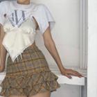 Mock Two-piece Short-sleeve T-shirt / Plaid Frill Trim Mini Fitted Skirt