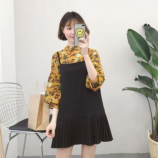 Set : Spaghetti Strap Dress +long-sleeve Chiffon Top