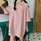 Striped Elbow-sleeve Oversize Polo Shirt As Shown In Figure - One Size