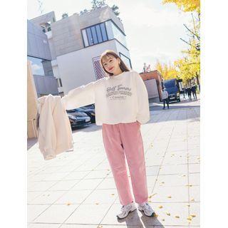 Drawstring-hem Letter Print Napped Pullover