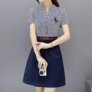 Short-sleeve Pinstriped Mock Two Piece Dress