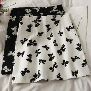 Ribbon-print High-waist Mini Skirt