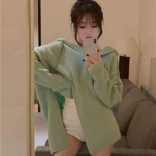 Side-slit Hooded Oversized Sweater Green - One Size