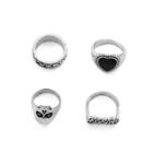 Set: Skull Ring + Heart Ring + Lettering Ring + Chain Ring Set - Silver - One Size