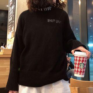 Letter Embroidered Long-sleeve Knit Top Black - One Size