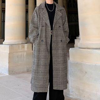 Double Breasted Plaid Long Coat Camel - One Size