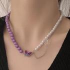 Faux Pearl Butterfly Choker Necklace White & Purple - One Size