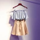 Set: Cold Shoulder Elbow-sleeve Blouse + Lace Up Mini A-line Skirt