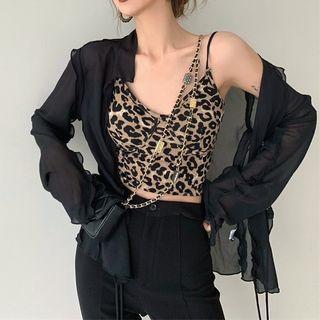Long-sleeve Cardigan / Leopard Camisole Top / High-waist Skinny Pants