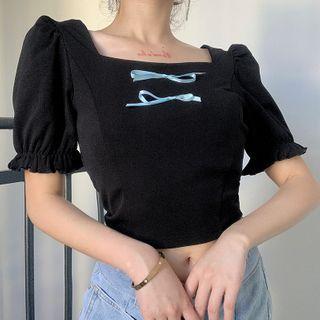 Short-sleeve Ribbon Accent Crop Top