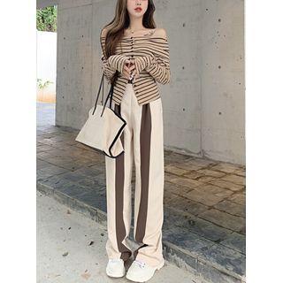 Off-shoulder Striped Crop T-shirt / Colorblock Straight-cut Pants