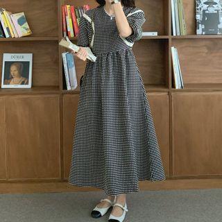 Puff-sleeve Dotted Dress Black - One Size
