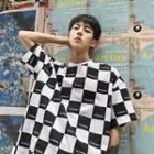 Elbow-sleeve Lettering Checkered T-shirt