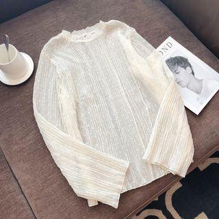Long-sleeve Polka Dot Crinkled Chiffon Top Almond - One Size
