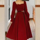 Square-neck Long-sleeve Midi A-line Velvet Dress