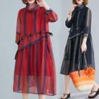 3/4-sleeve Striped Mock-neck Midi A-line Chiffon Dress