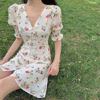 Puff-sleeve Floral Print V-neck A-line Dress