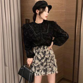 Set: Long-sleeve Lace Blouse + Fluffy Mini Pencil Skirt
