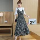 Set : Elbow-sleeve Top + Print Spaghetti Strap Dress