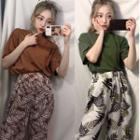 Crew-neck Short-sleeve T-shirt / Leaf Print Wide-leg Pants