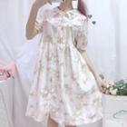 Retro Bow Medium Long Short-sleeve High-waist Floral Dress