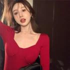 Long-sleeve Square-neck Slim-fit Cropped Top