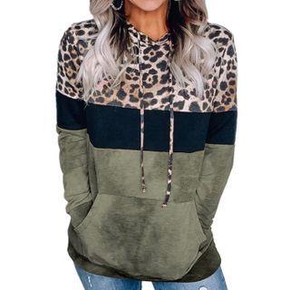 Leopard Print Color Block Panel Hoodie