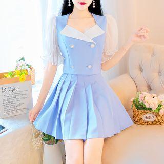 Set: Puff-sleeve Double-breasted Blouse + Pleated Skirt