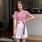 Set: Short-sleeve Striped V-neck Blouse + High-waist Panel A-line Skirt