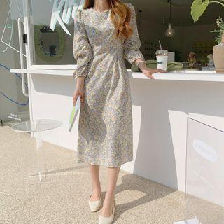 Tie-waist Long Floral Dress Green - One Size